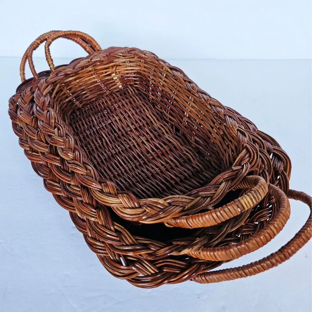 Vintage Nesting Wicker Baskets Set of 3 Braided Rim Rectangular Trays Boho Decor